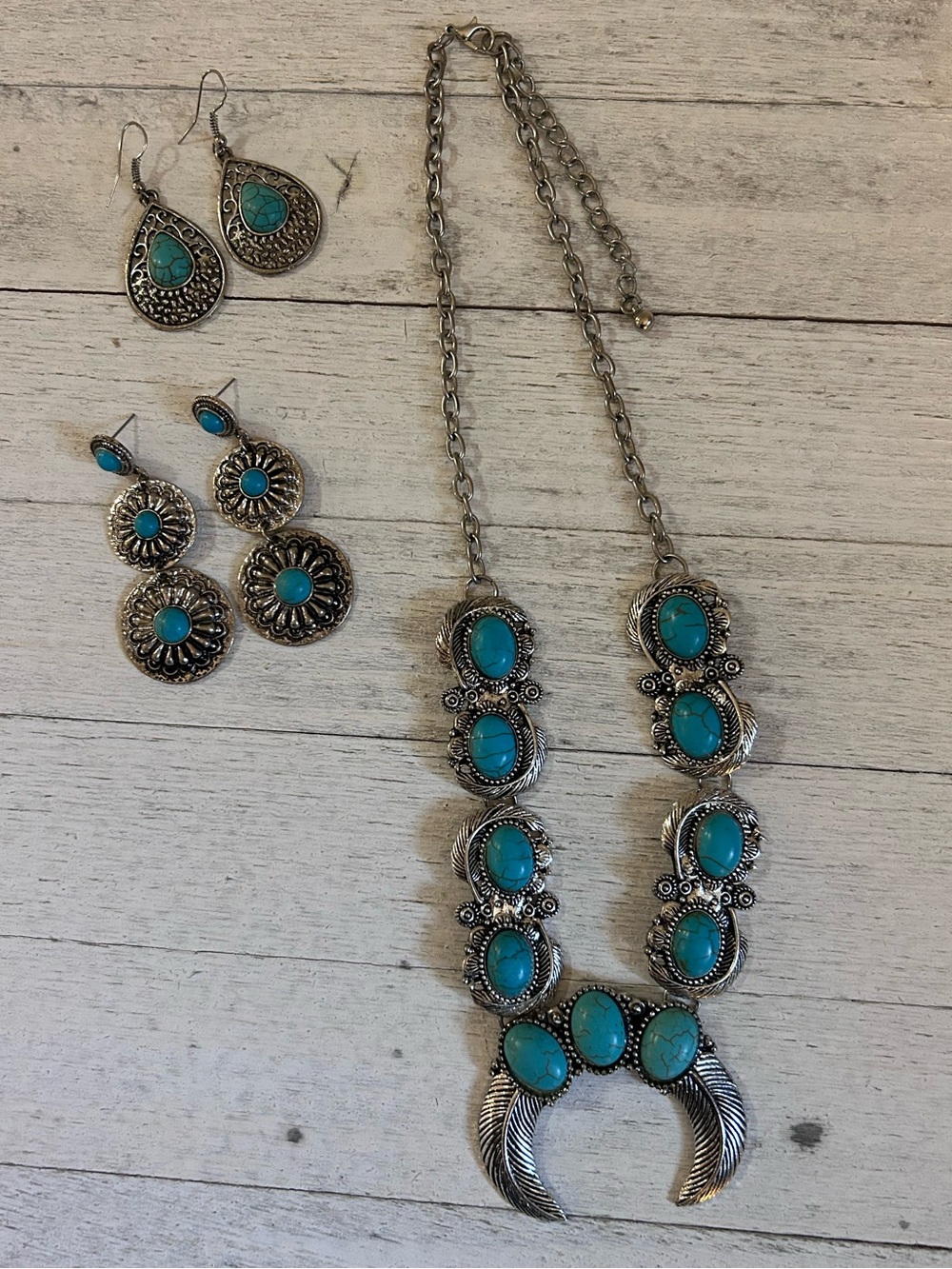 Statement Faux Turquoise Jewelry Set – Adjustable Necklace + 2 Earring Sets